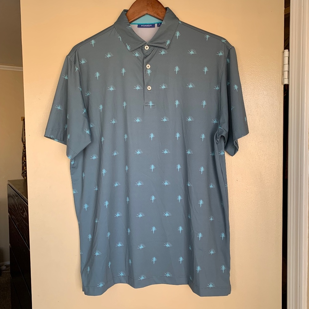 Devereux Proper Threads Polo Golf Shirt Sage Green Graphic Sz.M Sporty Preppy